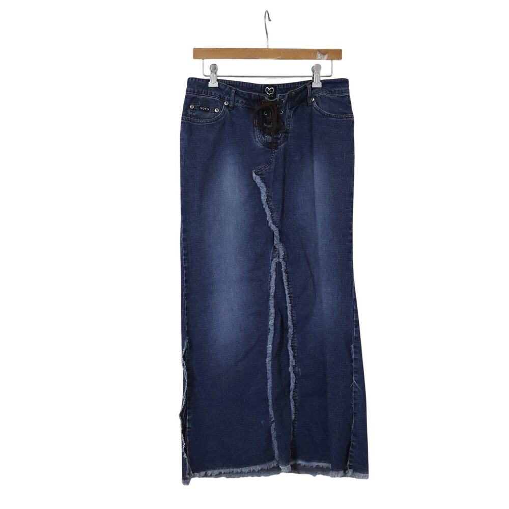 Vintage XOXO Denim Raw Hem Low Rise Lace Up Midi Skirt 6 Western Boho Y2K
